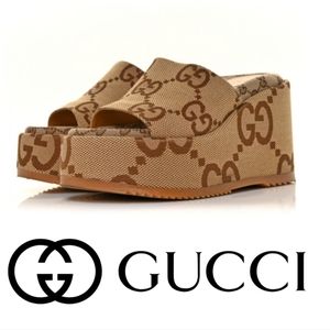 Gucci Beige and Brown GG Canvas Platform Wedge Slides